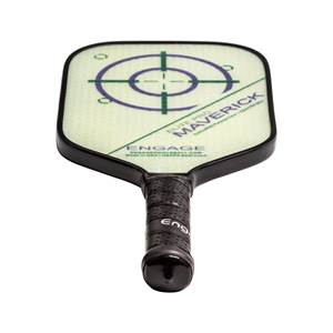 Top-down view of a white pickleball paddle with a target graphic, Maverick text, and black grip.