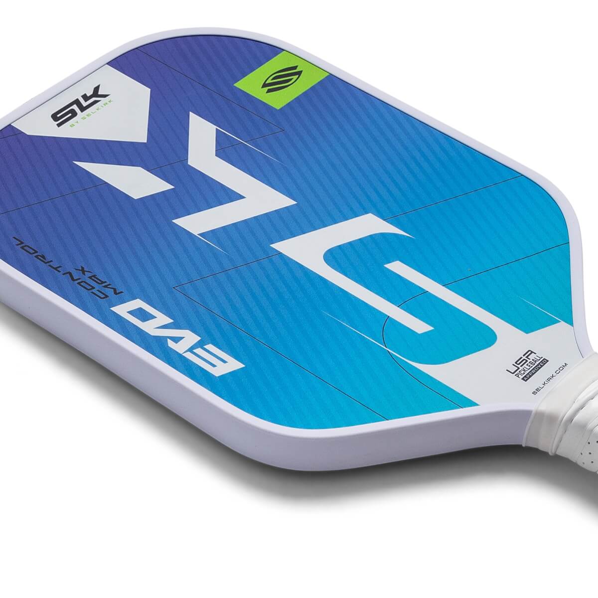 Top-down view of a blue and white pickleball paddle with SLK EVO CONTROL MAX text and a green logo.
