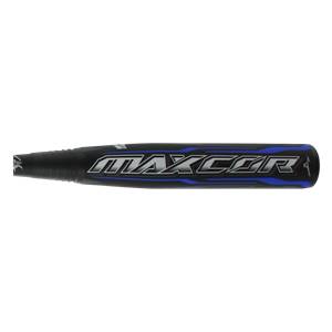 Side view of a black baseball bat with blue MAXCOR lettering and a Mizuno logo.