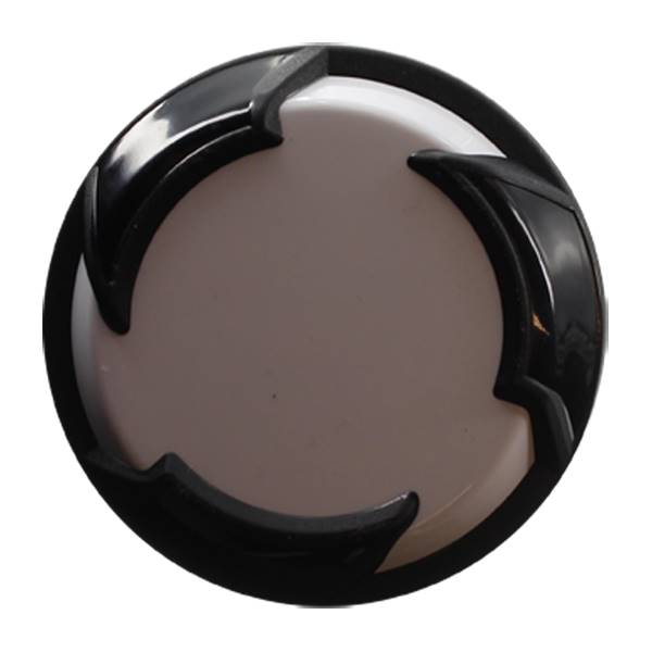Top-down view of a white softball bat end cap with black accents.