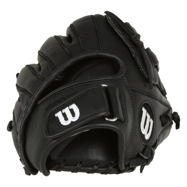 Side view of a black Wilson fastpitch glove with white Wilson logos and adjustable strap.