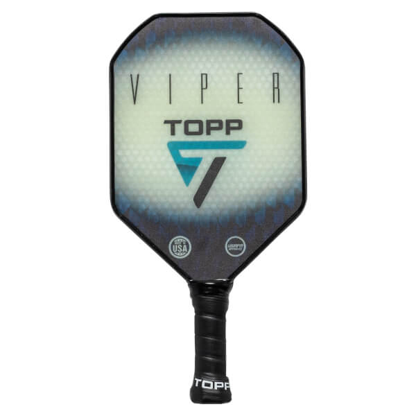 Front view of a black pickleball paddle with VIPER and TOPP text, a teal triangle logo, and USA and USAPA stamps.