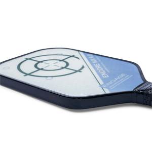 Side view of a white and blue pickleball paddle with a target design and ENGAGE ENCORE MX 6.0 text.