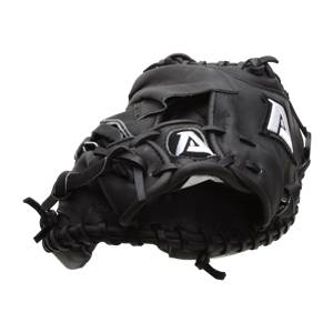 Front view of a black catchers mitt with white A logos and visible lacing.