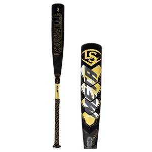 Front view of a black Louisville Slugger baseball bat with gold META text and a textured grip.