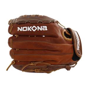 Front view of a brown leather baseball glove with white Nokona branding and a black wrist strap.