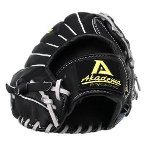 Front view of a black baseball glove with yellow Akadema branding and white stitching.