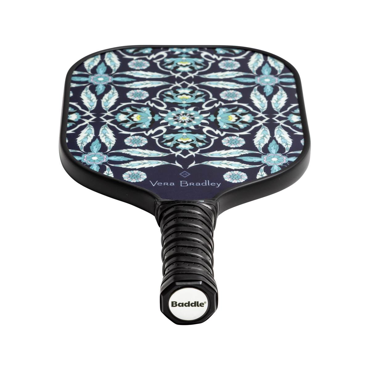 Top-down view of a dark blue pickleball paddle with a floral pattern and Vera Bradley text.