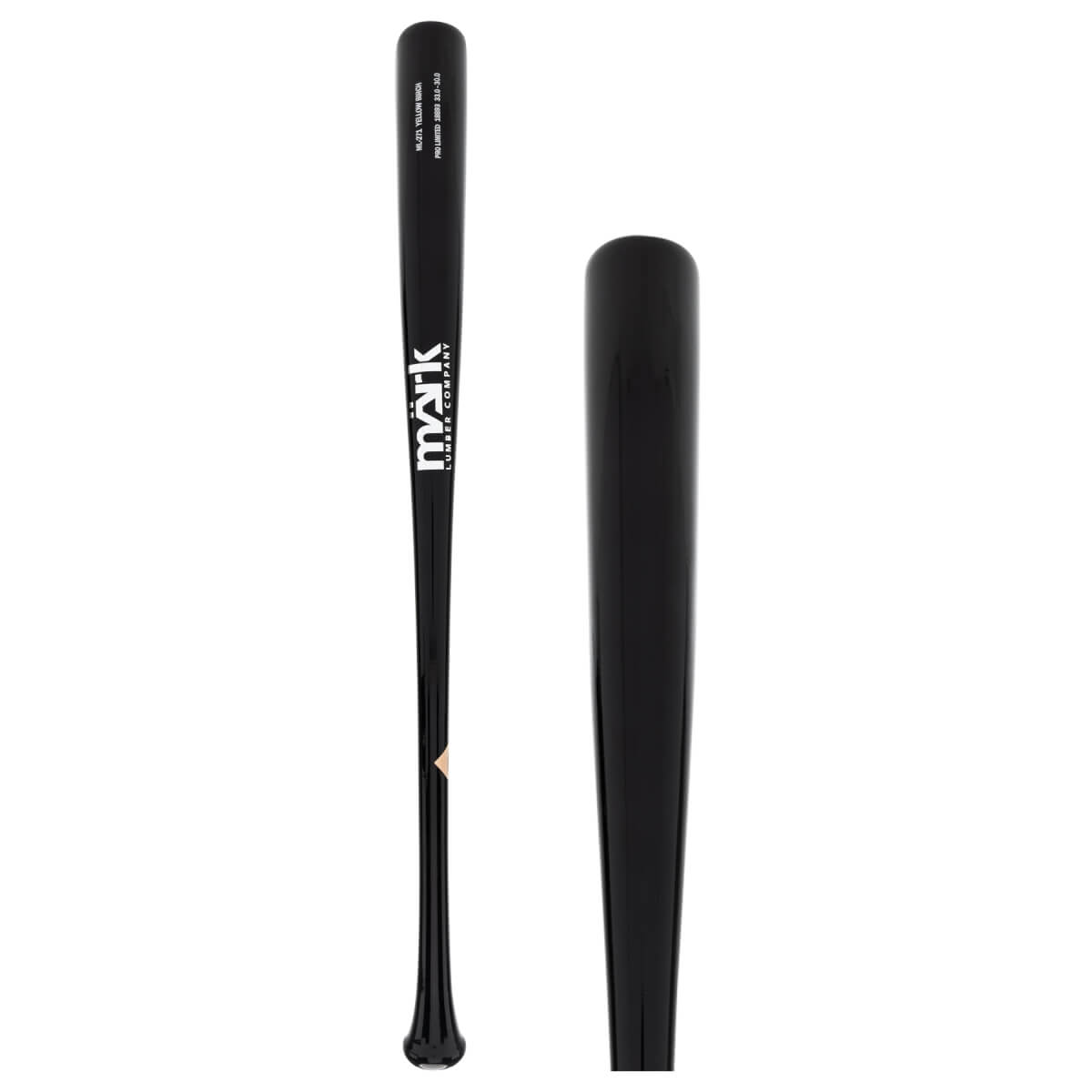 Front view of a black baseball bat with white Mark Lumber Company logo, a glossy finish, and a light wood grain detail.