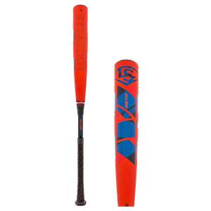 Side view of an orange Louisville Slugger Meta baseball bat with blue geometric accents and black grip.