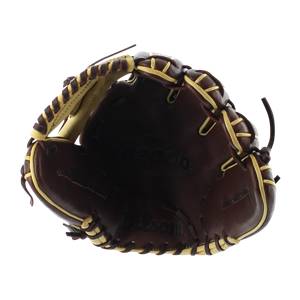 Top-down view of a brown baseball glove with yellow lacing and Wilson A2000 branding.