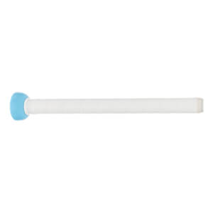 Side view of a white fastpitch softball bat with a light blue knob and a long white wrapped barrel.