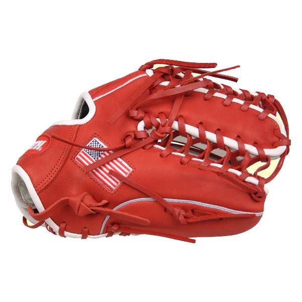 Side view of a red baseball glove with white lacing and an American flag patch.