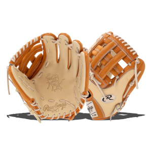Front view of a tan baseball glove with white stitching and Rawlings logo.