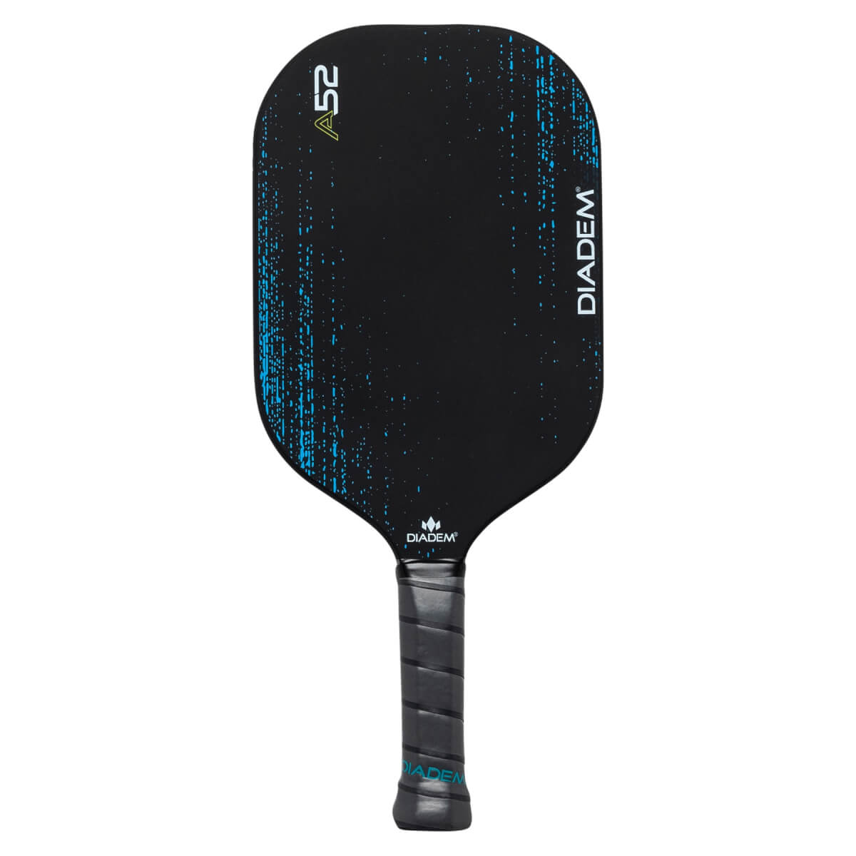 Front view of a black pickleball paddle with A52 and DIADEM branding, and blue speckled accents.