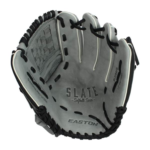 Interior view of a gray Easton softball glove with SLATE - Softball Series - and EASTON branding.