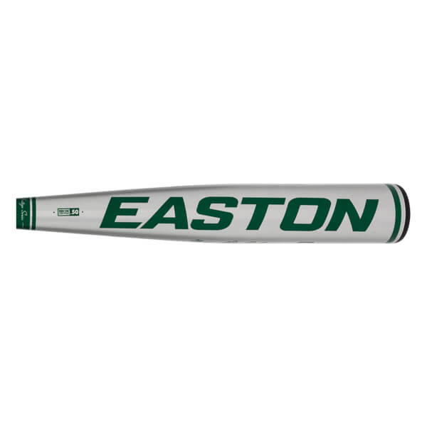Side view of a silver baseball bat with green EASTON branding and a green end cap.