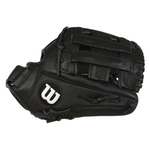 Side view of a black baseball glove with a white W logo and woven finger inserts.