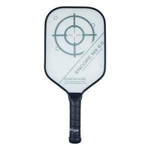 Front view of a white pickleball paddle with a target design, ENCORE MX 6.0, and ENGAGE branding.