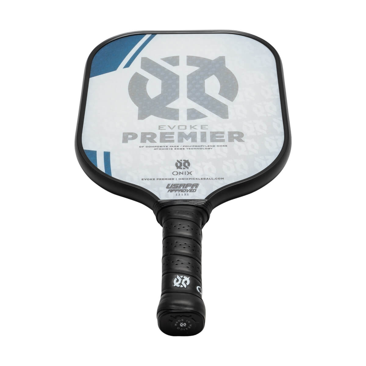Front view of a white pickleball paddle with a black grip, EVOKE PREMIER text, and USAPA approved logo.