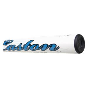Side view of a white Easton bat with blue lettering and a black end cap.