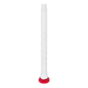 Close-up of a white softball bat grip with a red end cap.