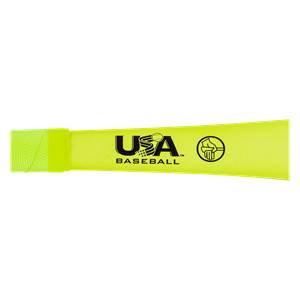 Close-up of a neon yellow baseball bat grip with USA Baseball logo and a hand graphic.