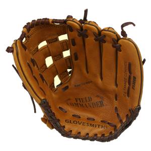 Front view of a tan baseball glove with Field Commander and Glovesmith branding, and F1300B text.