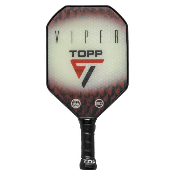 Front view of a white pickleball paddle with red and black accents, VIPER and TOPP text, and USA and USAPA logos.