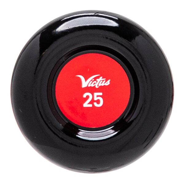 Top-down view of a black baseball bat end cap with a red circle featuring white Victus text and the number 25.