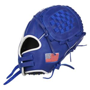 Side view of a royal blue baseball glove with a woven palm and an American flag patch.