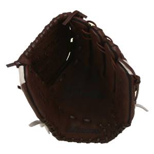 Top-down view of a brown softball glove with white accents and visible Mizuno branding.