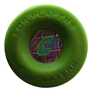 Top-down view of a green baseball bat end cap with FOR PLAYERS BY PLAYERS text and a green C logo.