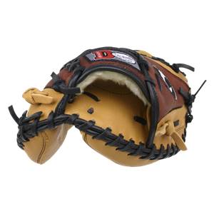 Top-down view of a brown and tan catchers mitt with black lacing and a white fur lining.