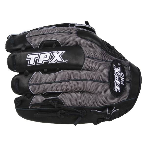 Front view of a black and gray baseball glove with TPX and TPX PRO branding.