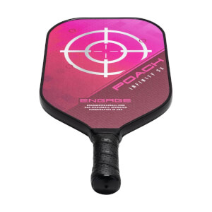 Top-down view of a pink pickleball paddle with a target design, POACH INFINITY SX text, and ENGAGE logo.