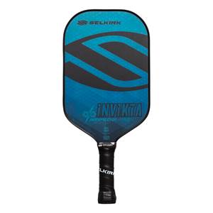 Front view of a blue and black pickleball paddle with SELKIRK and INV IKTA branding.
