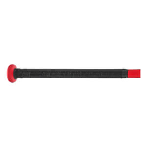 Side view of a black slow pitch softball bat with a red end cap and textured grip.