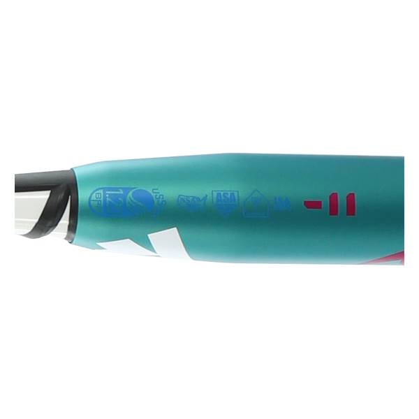 Side view of a teal softball bat with BF, 1.20, USS, ASA logos, and -11 marking.