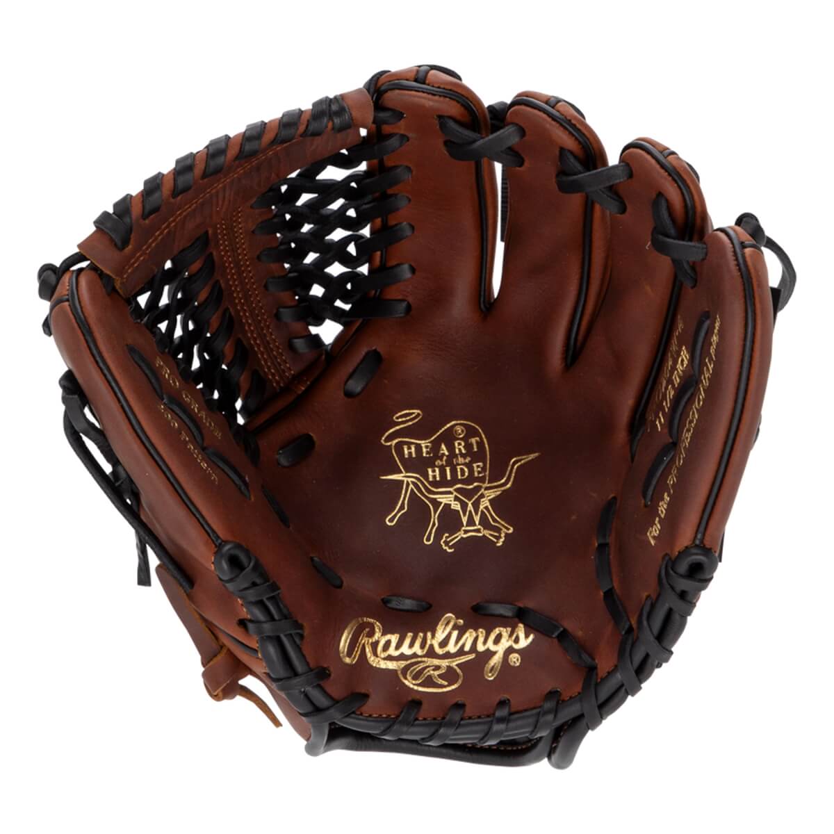 Front view of a brown baseball glove with gold Rawlings and Heart of the Hide logos.
