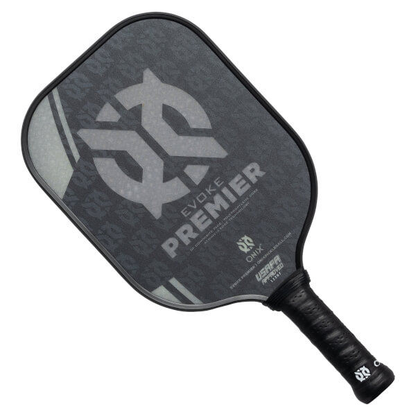 Top-down view of a black pickleball paddle with EVOKE PREMIER text and USAPA approved stamp.