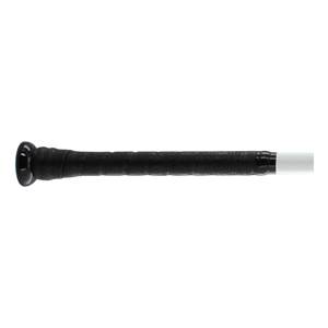 Side view of a black baseball bat with a textured grip and white barrel.