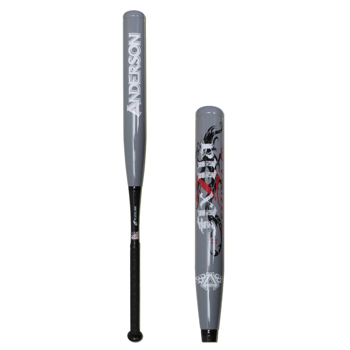 Side view of a gray softball bat with ANDERSON text and a black grip.