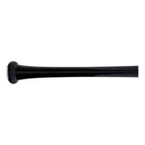 Side view of a black baseball bat with a glossy finish, showing the flared knob and tapered handle.