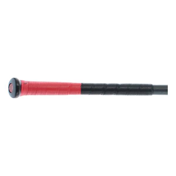 Close-up of a black baseball bat with a red grip and black perforated grip.
