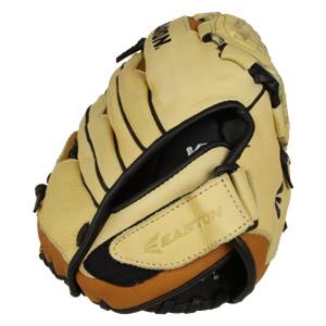 Top-down view of a tan fastpitch glove with black lacing and an Easton logo.