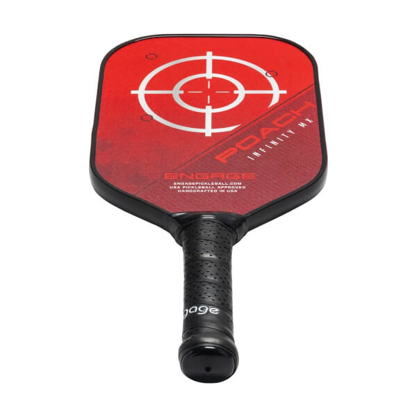 Top-down view of a red pickleball paddle with a target design, POACH INFINITY MX text, and a black grip with Engage branding.