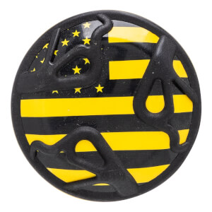 Top-down view of a black baseball bat end cap with yellow stripes and black snake graphics.