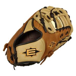 Side view of a brown and tan Easton first base mitt with E logo and Palm Pad text.