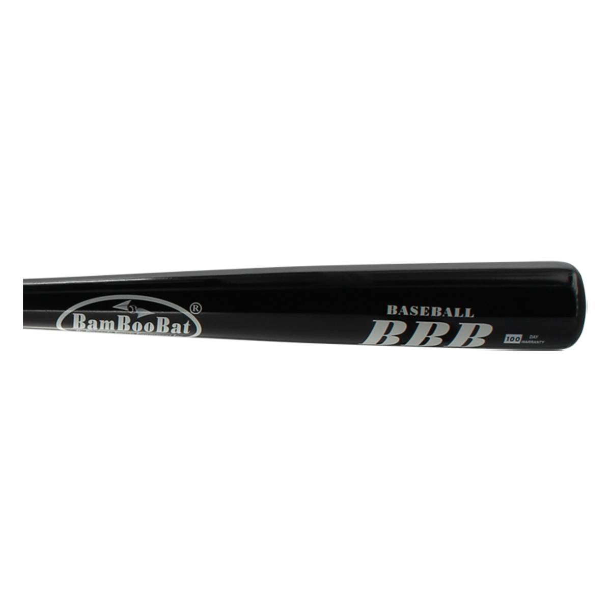 Side view of a black baseball bat with BamBooBat logo and BBB 100 text.